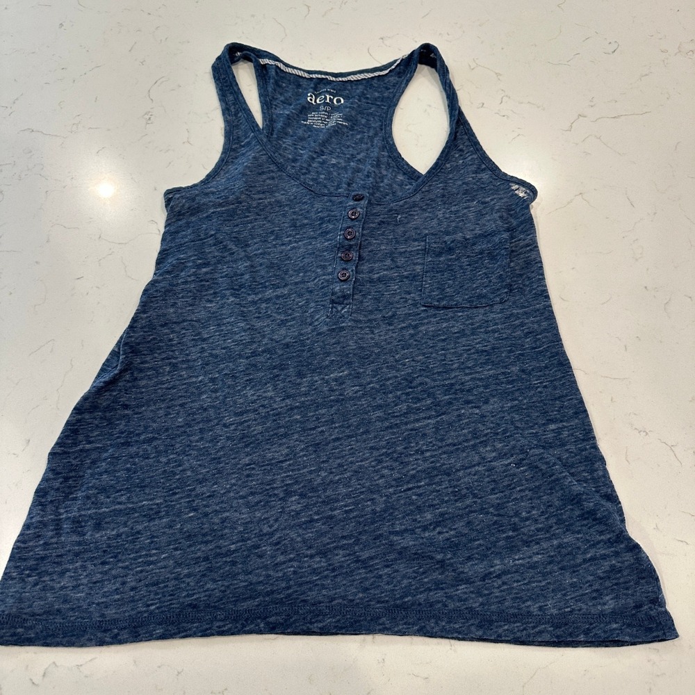 Aeropostale Womens Blue Heathered Henley Racerback Tank Top Small Pocket Sheer